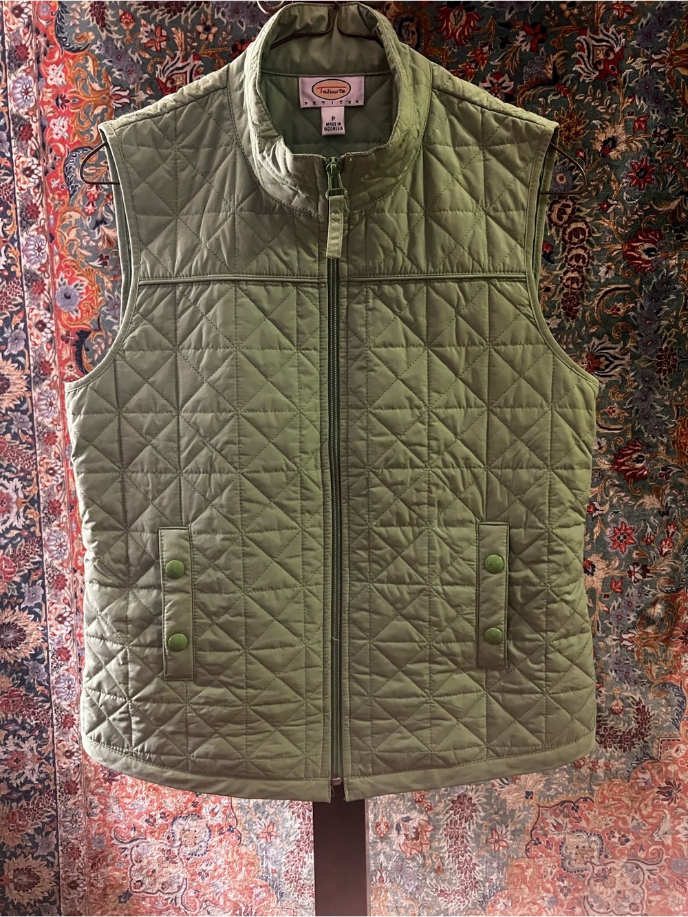 Talbots Petite L Green Quilted Puffer Vest Petites P |  Full Zip Snap Pocket